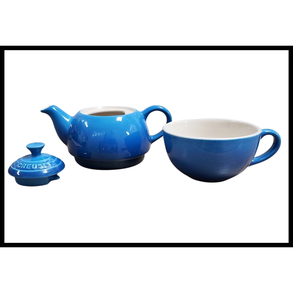 LE CREUSET 3 Piece Tea For One Teapot Cup Lid Set 10oz Stoneware Marseille Blue - Picture 3 of 10